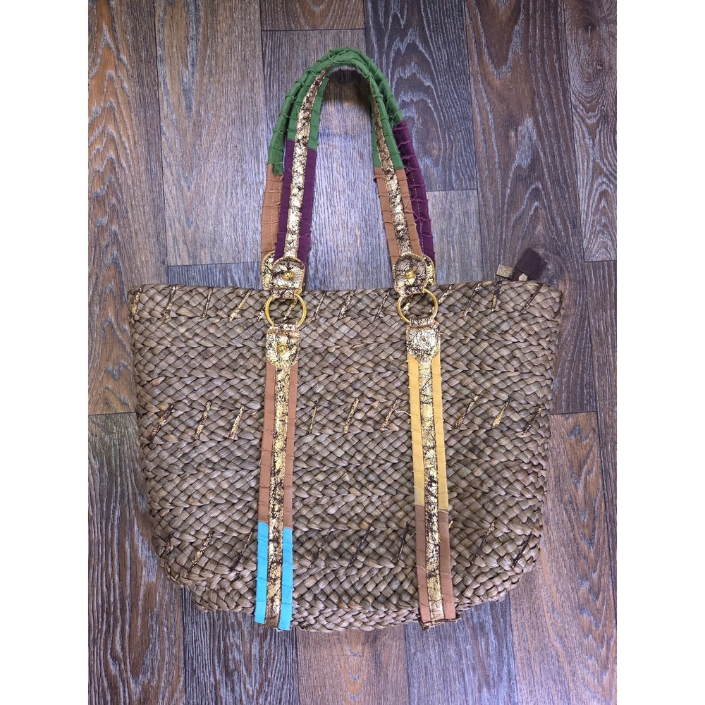 Sun N Sand Woven Straw Tote Bag Metallic Gold Accents Multi Color Patchwork